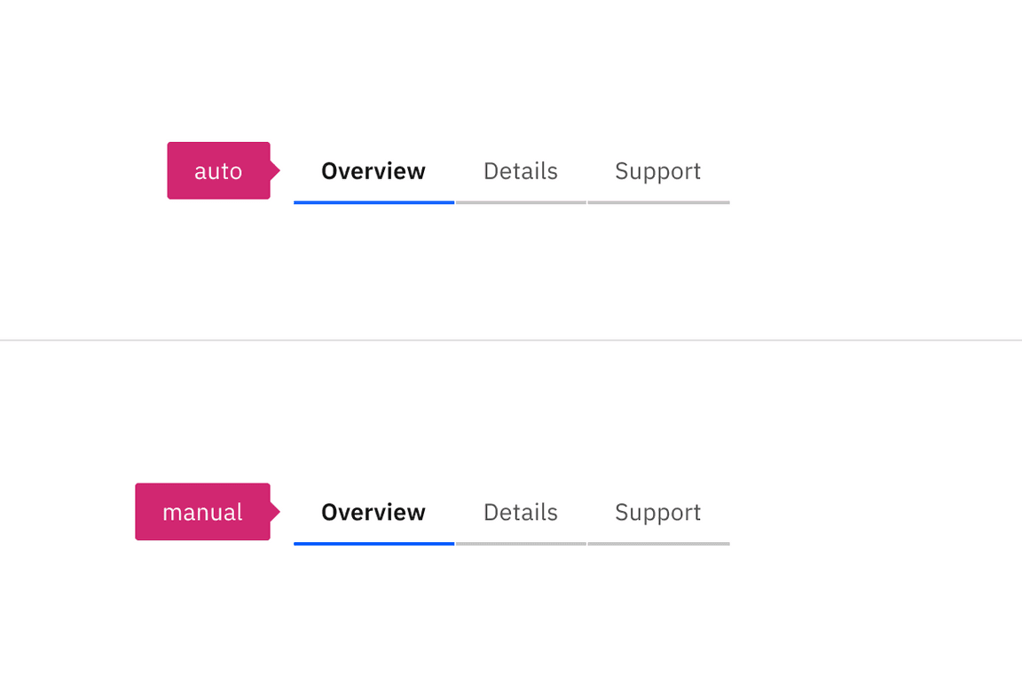 Two tabs, one with a pink annotation reading "auto", the other with an annotation "manual"